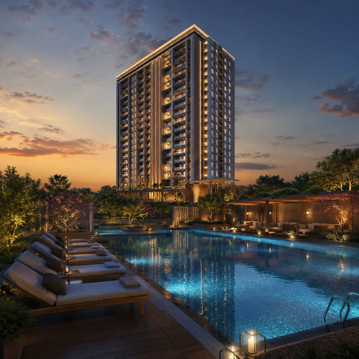 Swimming pool deck within the open landscape at Purva Grand Hills, Chikkajala